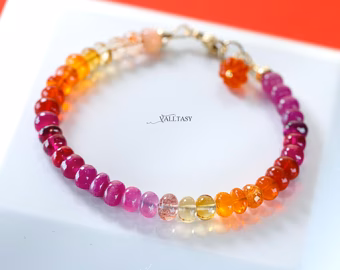 - Solid Gold 14K Ruby and Mexican Fire Opal Bracelet, Multi Gemstone Bracelet