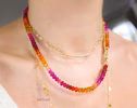 - Solid Gold 14K Ruby and Mexican Fire Opal Necklace, Multi Gemstone Beaded Necklace