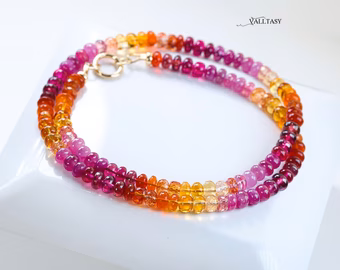 - Solid Gold 14K Ruby and Mexican Fire Opal Necklace, Multi Gemstone Beaded Necklace