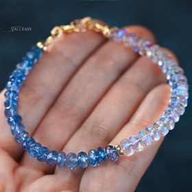 My Ocean Other Half Bracelet - Solid Gold 14K Santa Maria Aquamarine and Rainbow Moonstone Bracelet, Moonstone and Aquamarine Beaded Bracelet