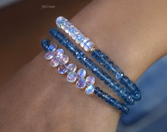- Solid Gold 14K Santa Maria Aquamarine and Rainbow Moonstone Bracelet, Moonstone and Aquamarine Beaded Bracelet