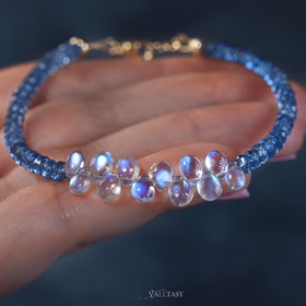 The Feather Bracelet - Solid Gold 14K Santa Maria Aquamarine and Rainbow Moonstone Bracelet, Moonstone and Aquamarine Beaded Bracelet