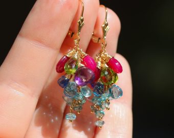 - Solid Gold 14K Semi Precious Gemstone Earrings, Short Cluster Earrings
