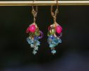 - Solid Gold 14K Semi Precious Gemstone Earrings, Short Cluster Earrings