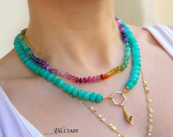 - Solid Gold 14K Silk Knotted Amazonite Necklace with a Shell Charm