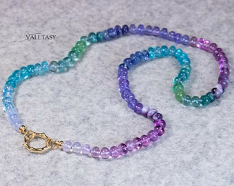 - Solid Gold 14K Silk Knotted Aqua Blue Purple Multi Gemstone Necklace