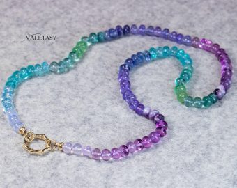 - Solid Gold 14K Silk Knotted Aqua Blue Purple Multi Gemstone Necklace