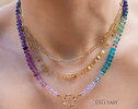 - Solid Gold 14K Silk Knotted Aqua Blue Purple Multi Gemstone Necklace