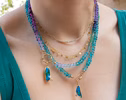 - Solid Gold 14K Silk Knotted Aqua Blue Purple Multi Gemstone Necklace