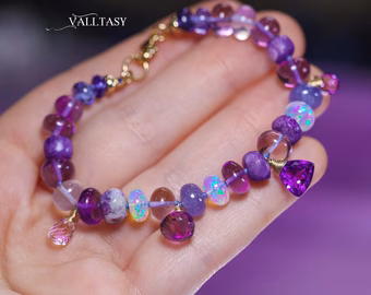 - Solid Gold 14K Silk Knotted Bracelet with Opals and Amethyst and Tanzanite