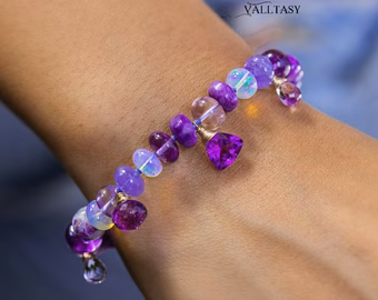- Solid Gold 14K Silk Knotted Bracelet with Opals and Amethyst and Tanzanite