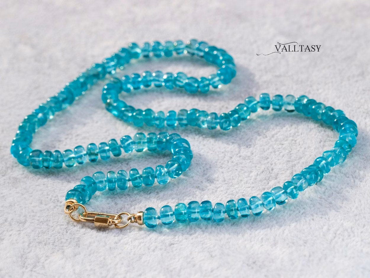 - Solid Gold 14K Silk Knotted Caribbean Blue Apatite Necklace