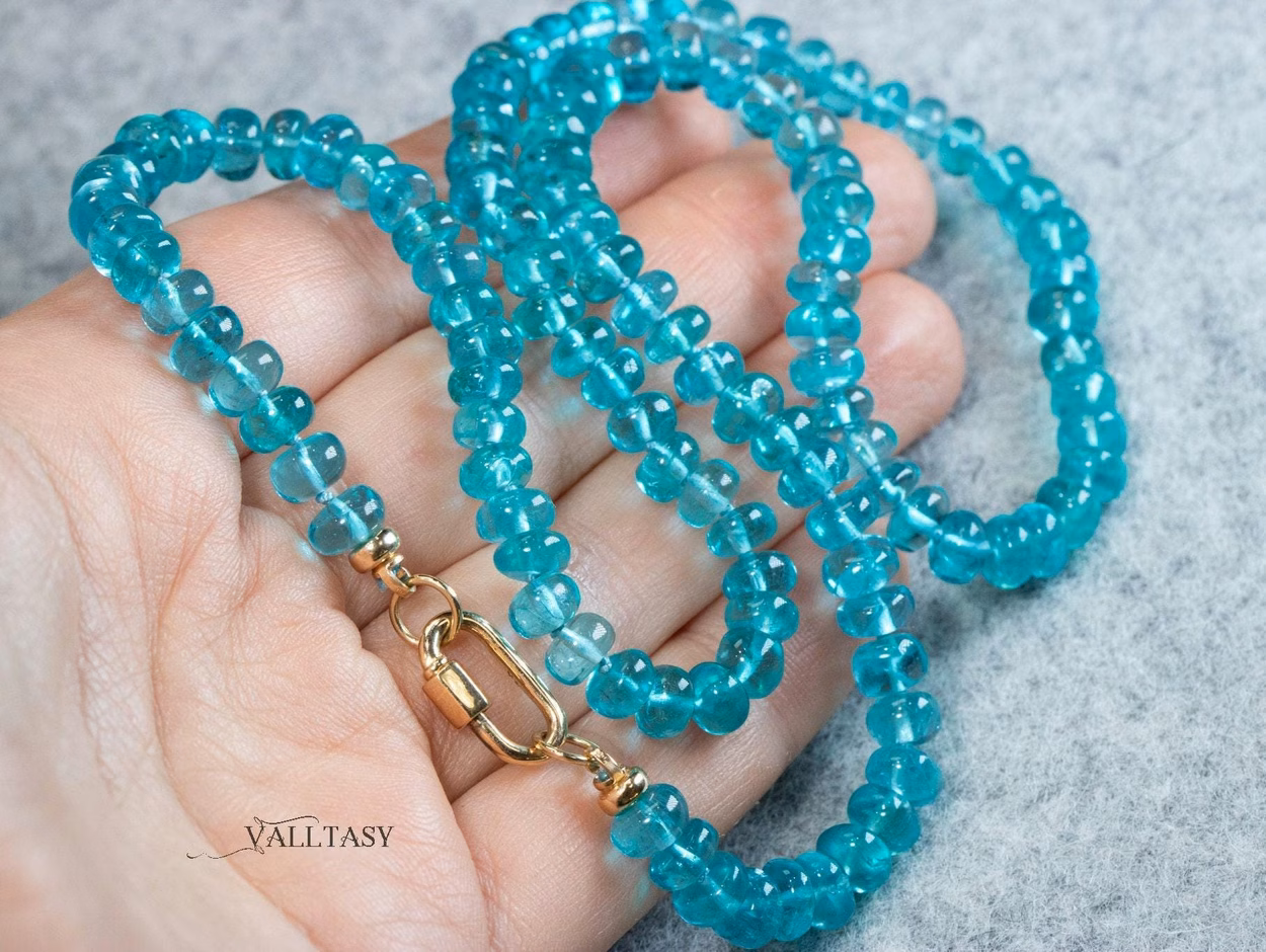 - Solid Gold 14K Silk Knotted Caribbean Blue Apatite Necklace