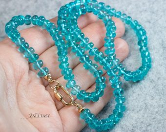 - Solid Gold 14K Silk Knotted Caribbean Blue Apatite Necklace