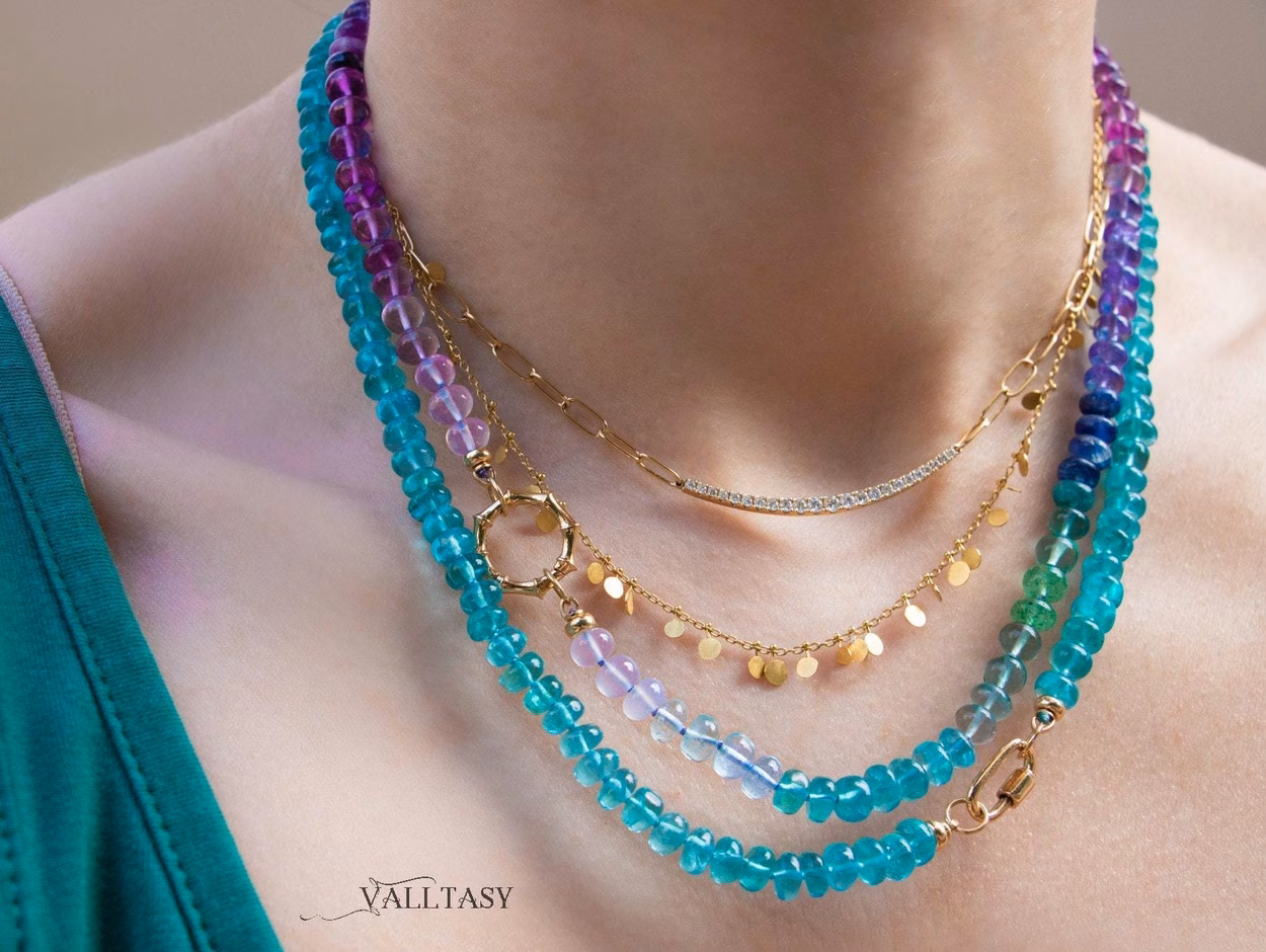 - Solid Gold 14K Silk Knotted Caribbean Blue Apatite Necklace