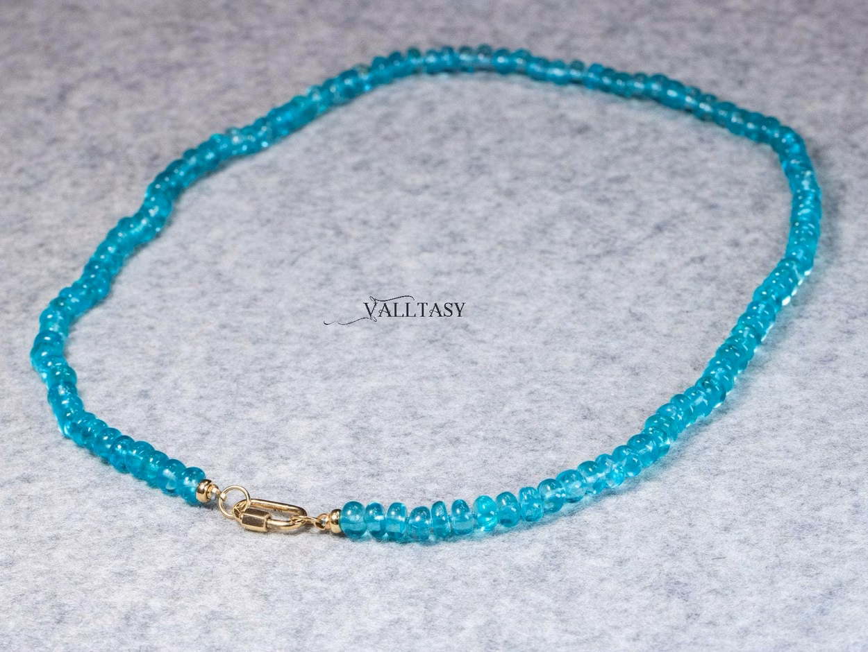 - Solid Gold 14K Silk Knotted Caribbean Blue Apatite Necklace