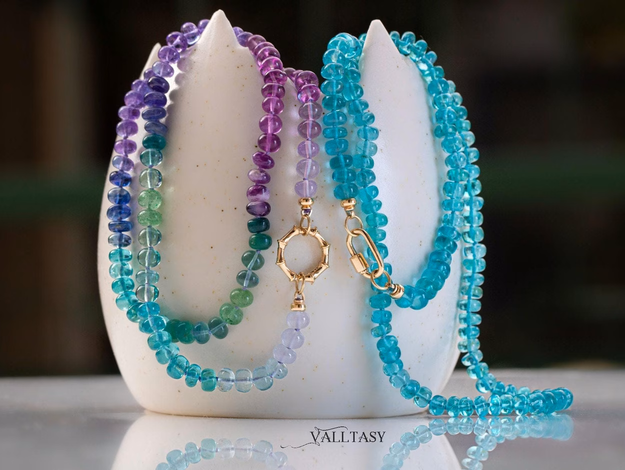 - Solid Gold 14K Silk Knotted Caribbean Blue Apatite Necklace