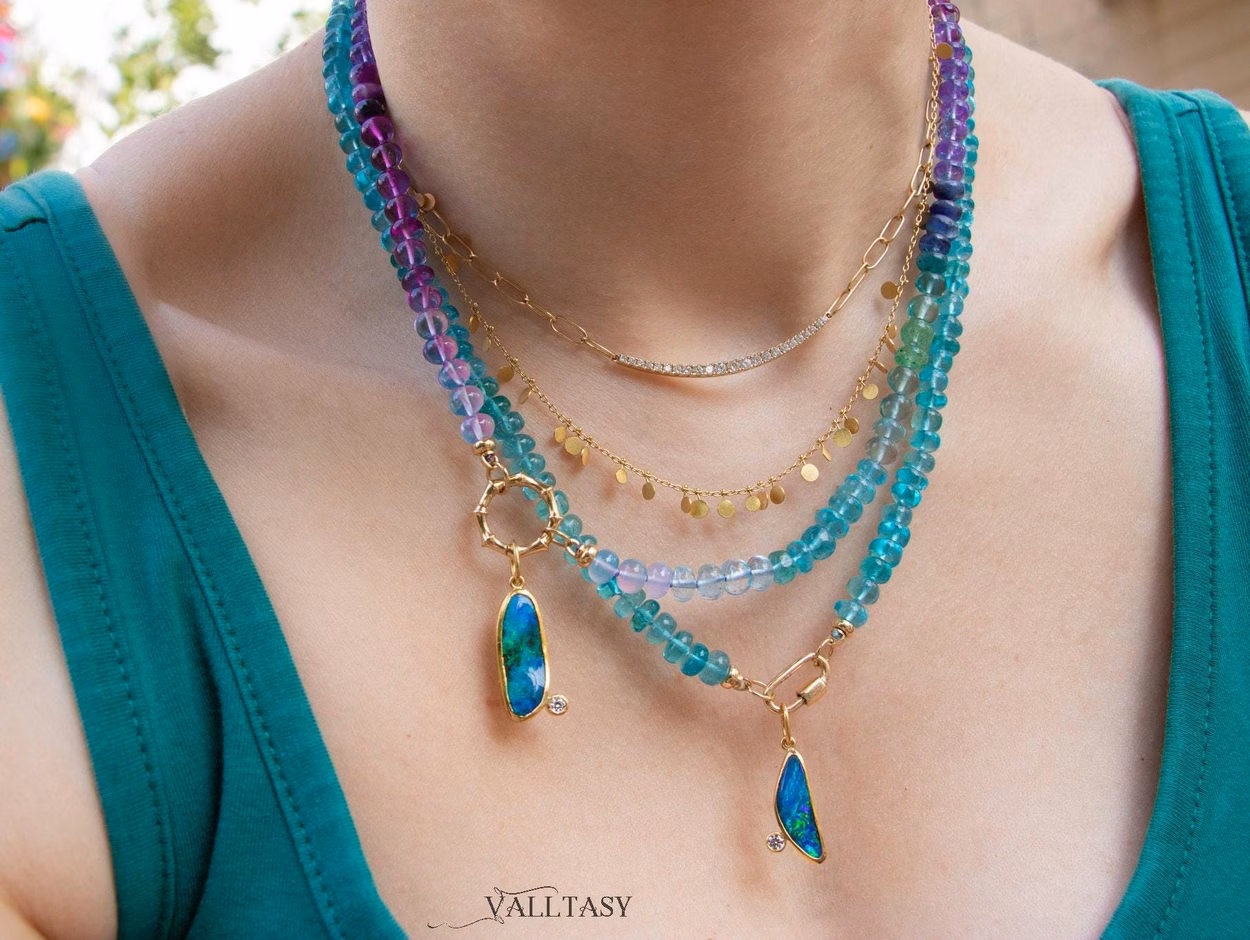 - Solid Gold 14K Silk Knotted Caribbean Blue Apatite Necklace