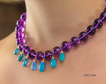 - Solid Gold 14K Silk Knotted Charm Gemstone Purple Amethyst Necklace, One of a Kind