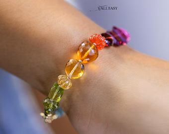 - Solid Gold 14K Silk Knotted Geometric Rainbow Multi Gemstone Bracelet