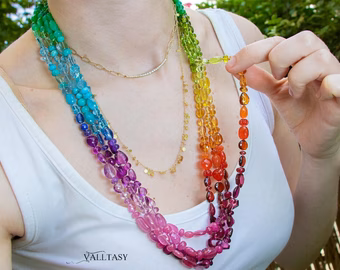 - Solid Gold 14K Silk Knotted Geometric Rainbow Multi Gemstone Necklace, Long Knotted Necklace with Multi Shaped Gemstones