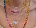 - Solid Gold 14K Silk Knotted Geometric Rainbow Multi Gemstone Necklace, Long Knotted Necklace with Multi Shaped Gemstones
