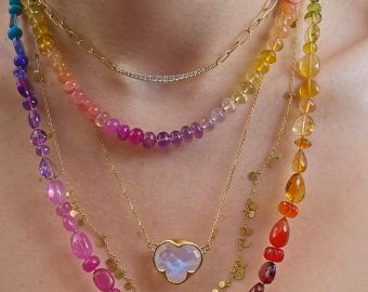 - Solid Gold 14K Silk Knotted Geometric Rainbow Multi Gemstone Necklace, Long Knotted Necklace with Multi Shaped Gemstones