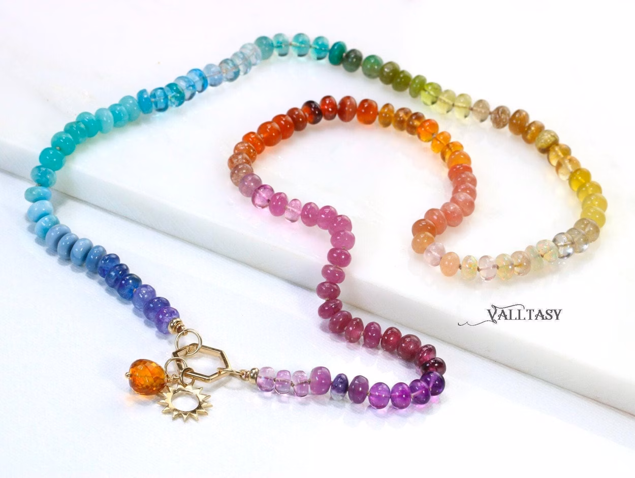 - Solid Gold 14K Silk Knotted Multi Gemstone Necklace, Long Versatile Necklace