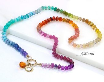 - Solid Gold 14K Silk Knotted Multi Gemstone Necklace, Long Versatile Necklace