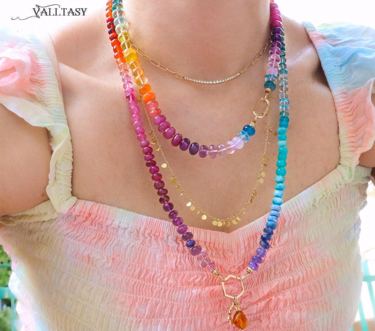 - Solid Gold 14K Silk Knotted Multi Gemstone Necklace, Long Versatile Necklace