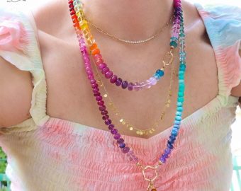 - Solid Gold 14K Silk Knotted Multi Gemstone Necklace, Long Versatile Necklace