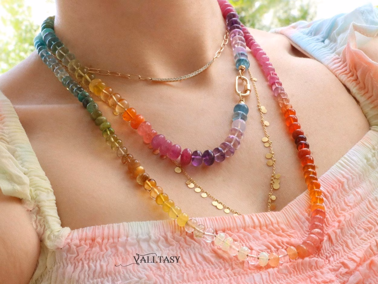 - Solid Gold 14K Silk Knotted Multi Gemstone Necklace, Long Versatile Necklace