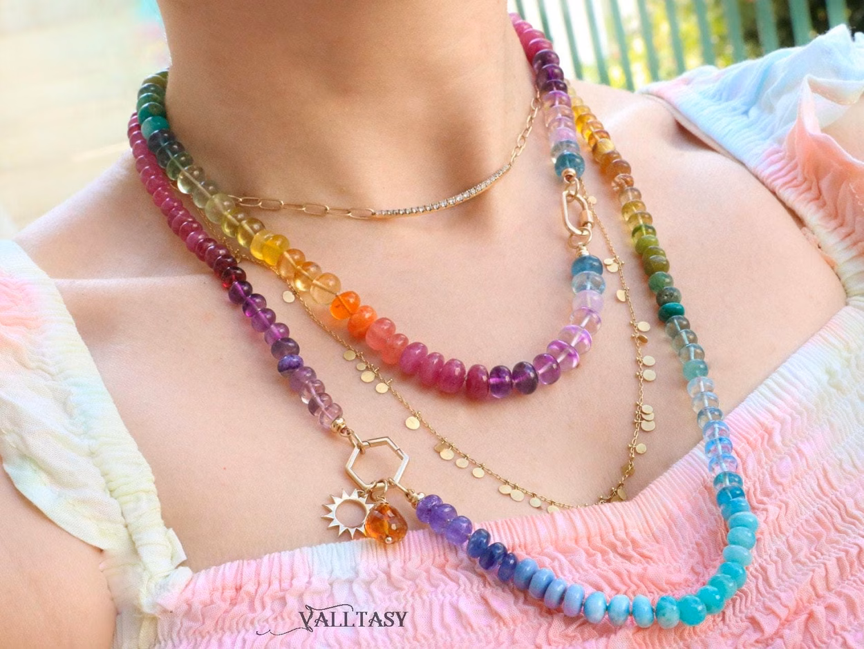 - Solid Gold 14K Silk Knotted Multi Gemstone Necklace, Long Versatile Necklace