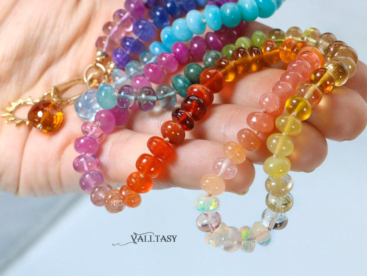 - Solid Gold 14K Silk Knotted Multi Gemstone Necklace, Long Versatile Necklace