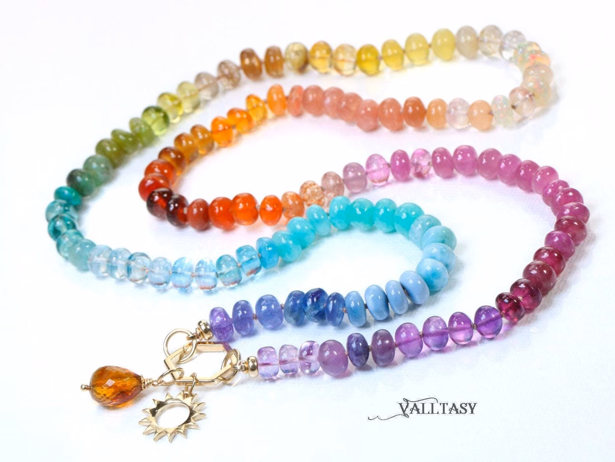 - Solid Gold 14K Silk Knotted Multi Gemstone Necklace, Long Versatile Necklace