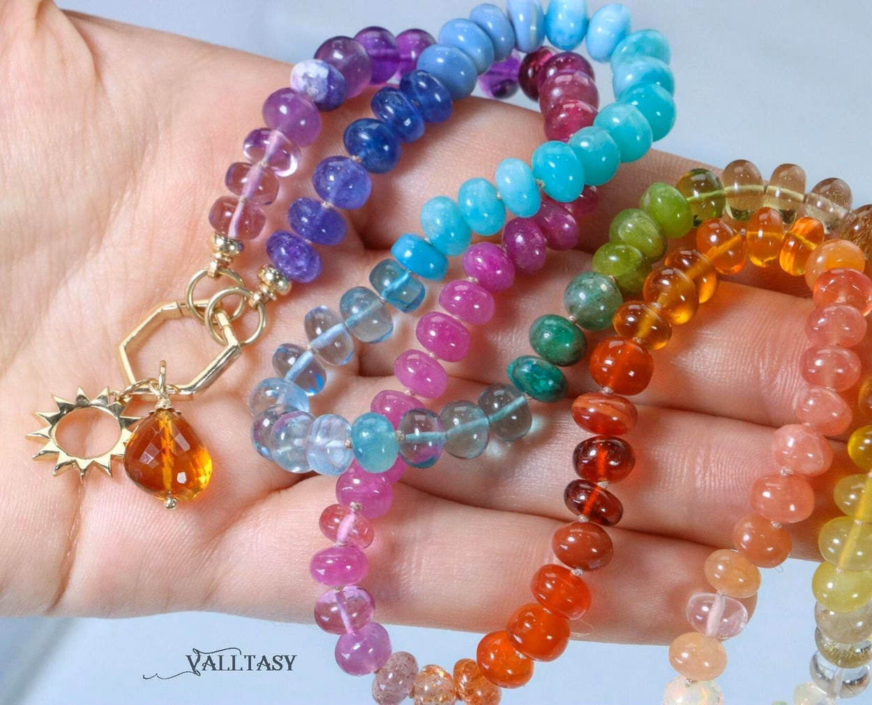 - Solid Gold 14K Silk Knotted Multi Gemstone Necklace, Long Versatile Necklace