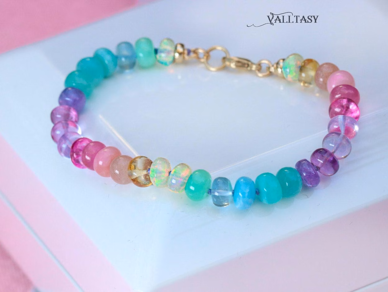 - Solid Gold 14K Silk Knotted Pastel Bracelet, Multi Gemstone Bracelet in Finest Quality