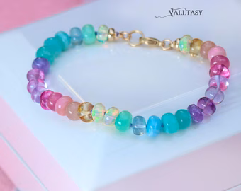 - Solid Gold 14K Silk Knotted Pastel Bracelet, Multi Gemstone Bracelet in Finest Quality