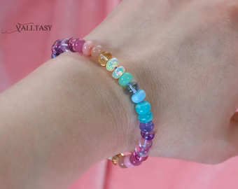 - Solid Gold 14K Silk Knotted Pastel Bracelet, Multi Gemstone Bracelet in Finest Quality