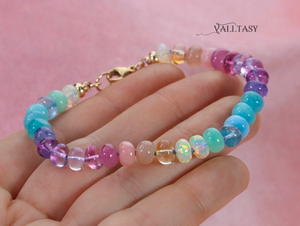 - Solid Gold 14K Silk Knotted Pastel Bracelet, Multi Gemstone Bracelet in Finest Quality