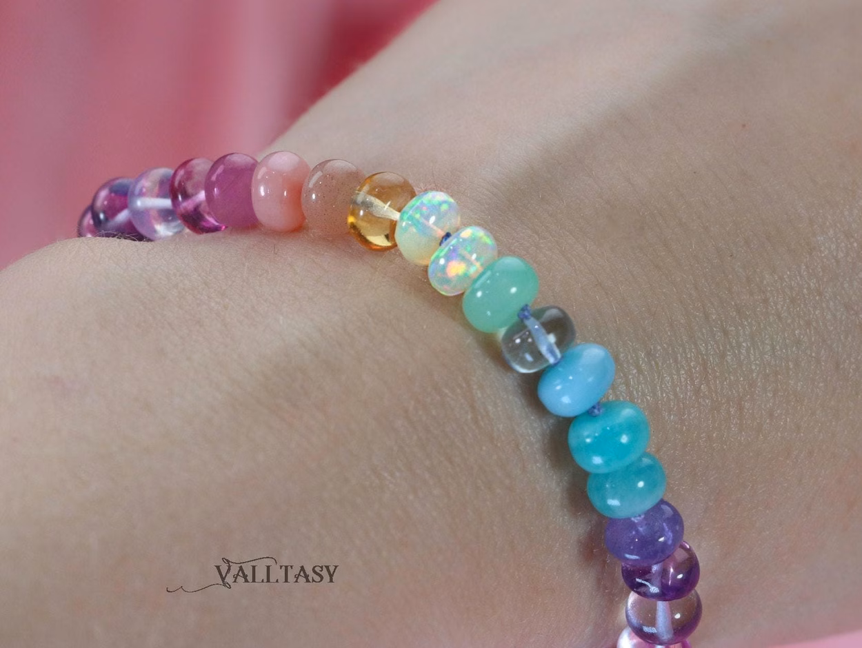 - Solid Gold 14K Silk Knotted Pastel Bracelet, Multi Gemstone Bracelet in Finest Quality
