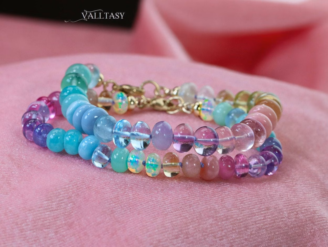 - Solid Gold 14K Silk Knotted Pastel Bracelet, Multi Gemstone Bracelet in Finest Quality