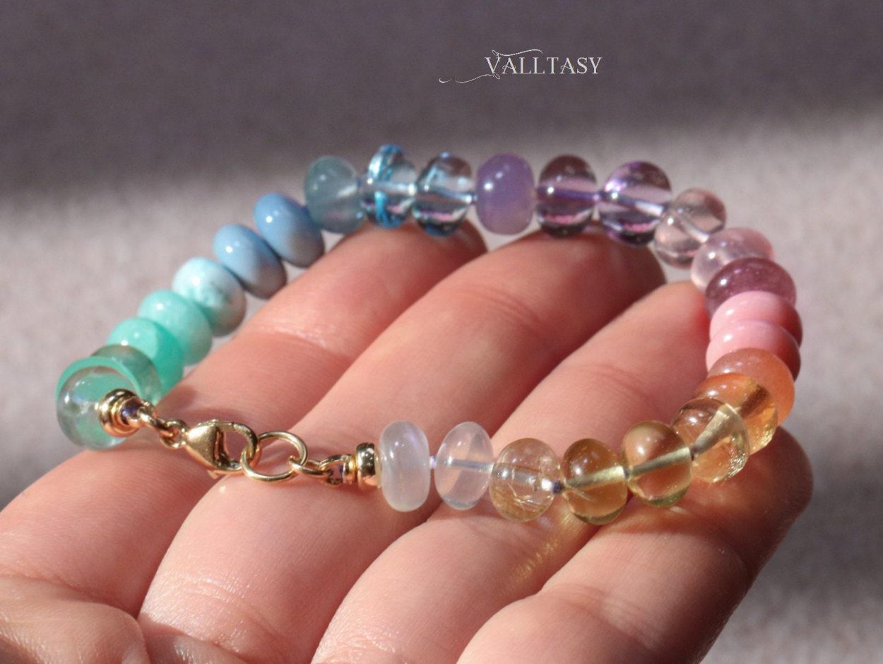 - Solid Gold 14K Silk Knotted Pastel Bracelet, Multi Gemstone Bracelet in Finest Quality