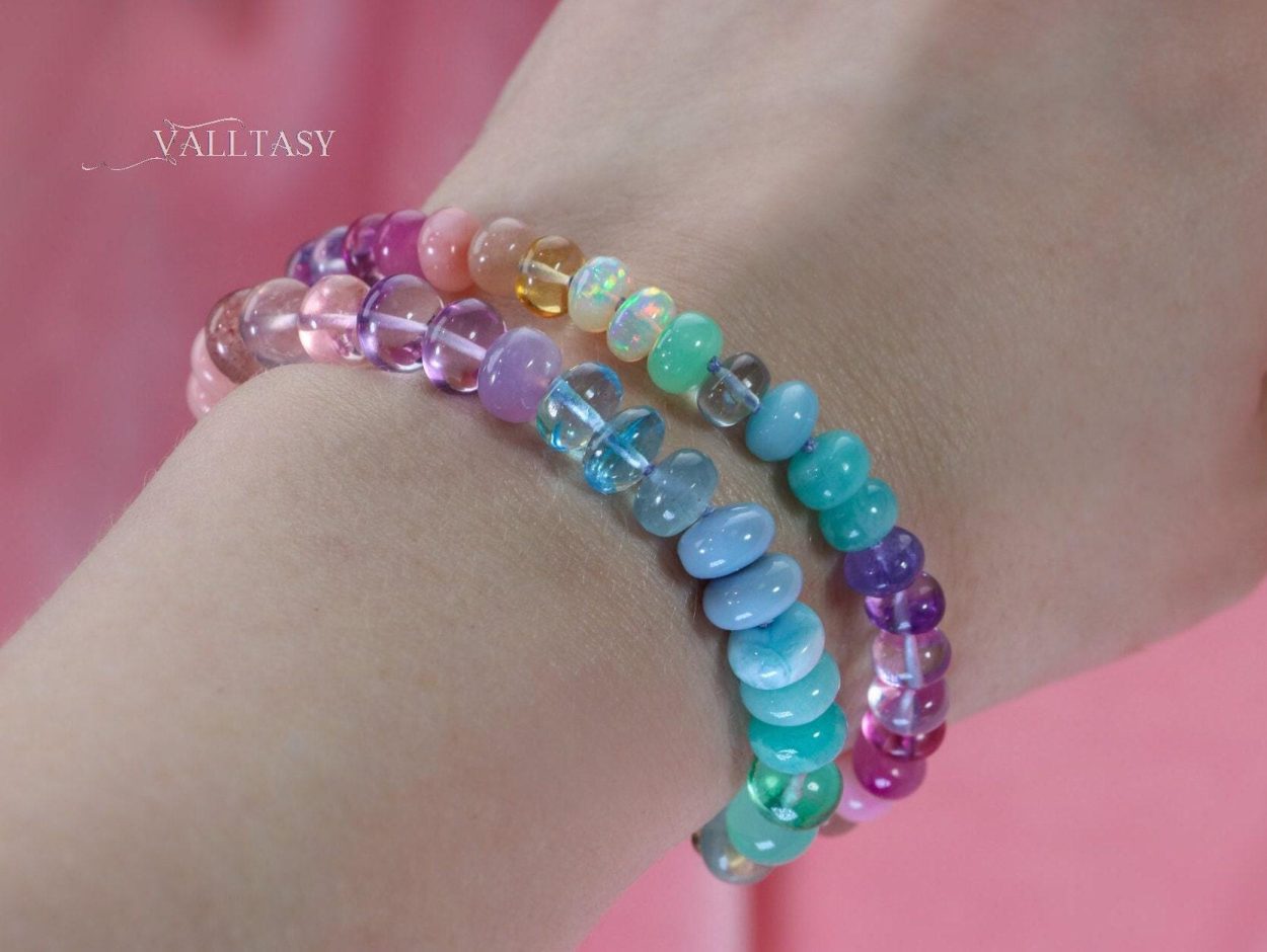 - Solid Gold 14K Silk Knotted Pastel Bracelet, Multi Gemstone Bracelet in Finest Quality