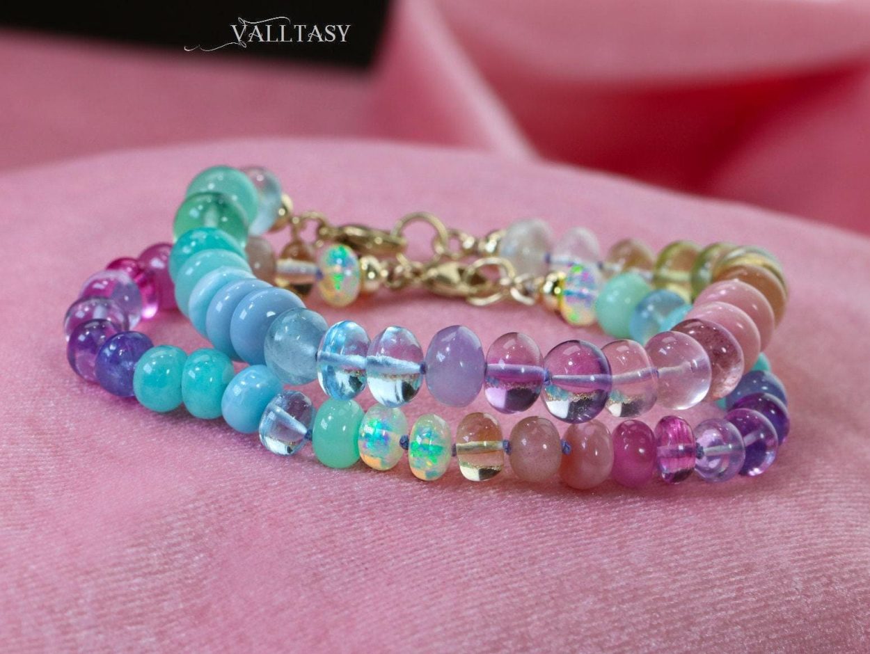- Solid Gold 14K Silk Knotted Pastel Bracelet, Multi Gemstone Bracelet in Finest Quality