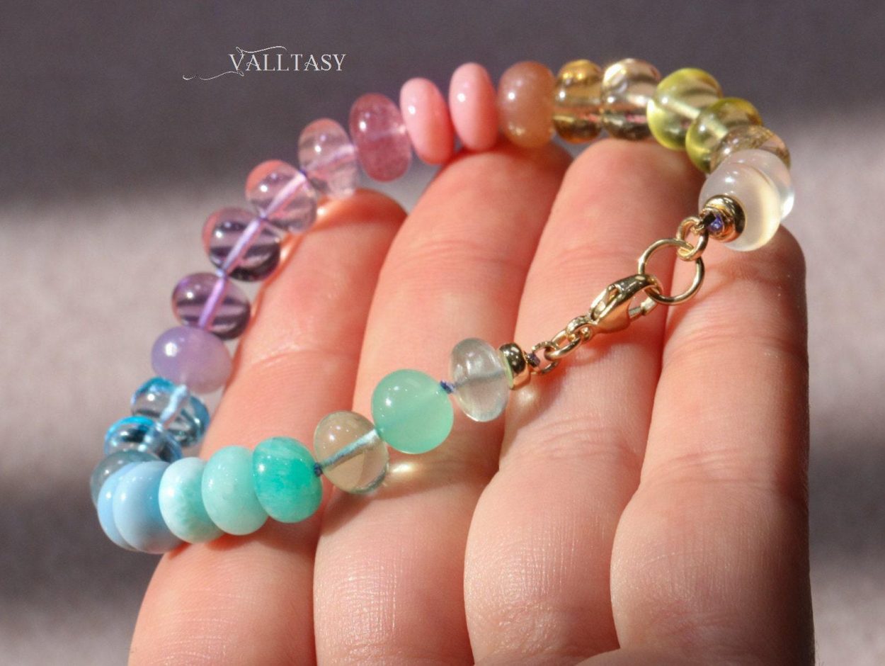 - Solid Gold 14K Silk Knotted Pastel Bracelet, Multi Gemstone Bracelet in Finest Quality