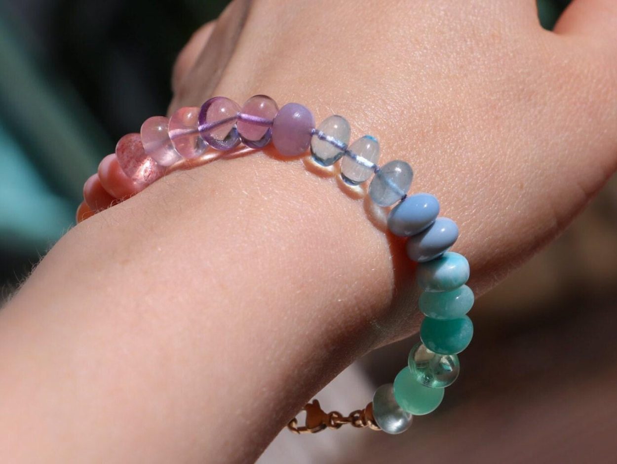 - Solid Gold 14K Silk Knotted Pastel Bracelet, Multi Gemstone Bracelet in Finest Quality