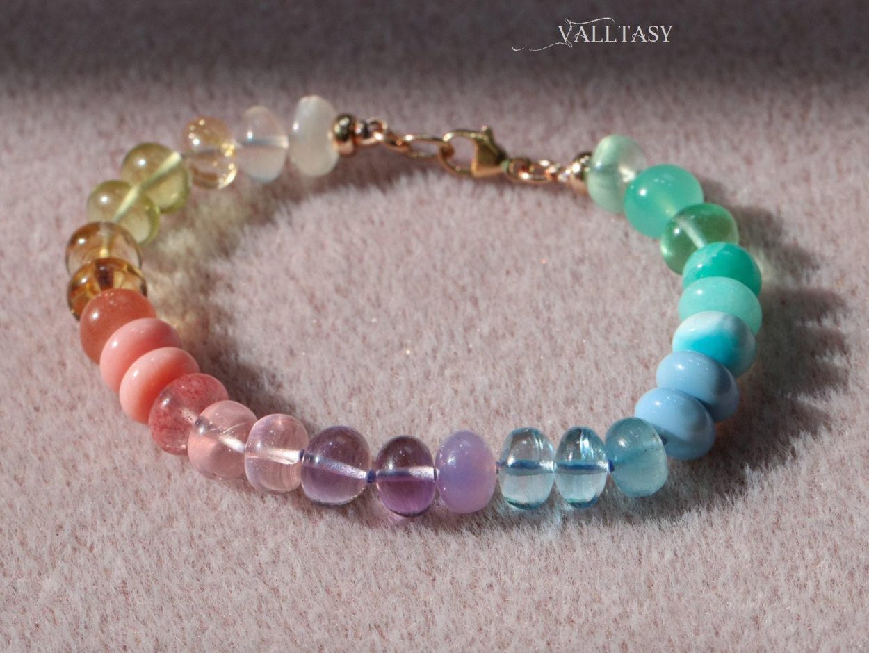 - Solid Gold 14K Silk Knotted Pastel Bracelet, Multi Gemstone Bracelet in Finest Quality