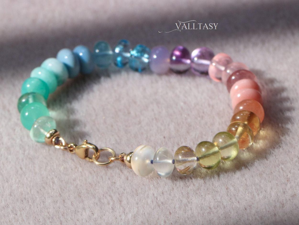 - Solid Gold 14K Silk Knotted Pastel Bracelet, Multi Gemstone Bracelet in Finest Quality