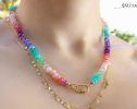 - Solid Gold 14K Silk Knotted Pastel Multi Gemstone Necklace